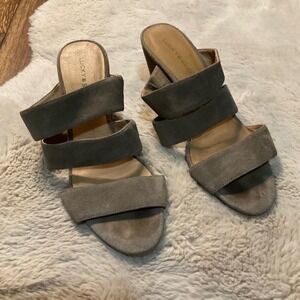Lucky Brand Minna Size‎ 10 Taupe Open Toe Heeled Sandals Suede Block Heel Tan
